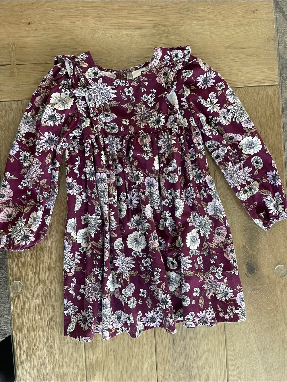 Cotton On Girls Long Sleeve Floral Dress - Burgundy with White/Pink Flowers